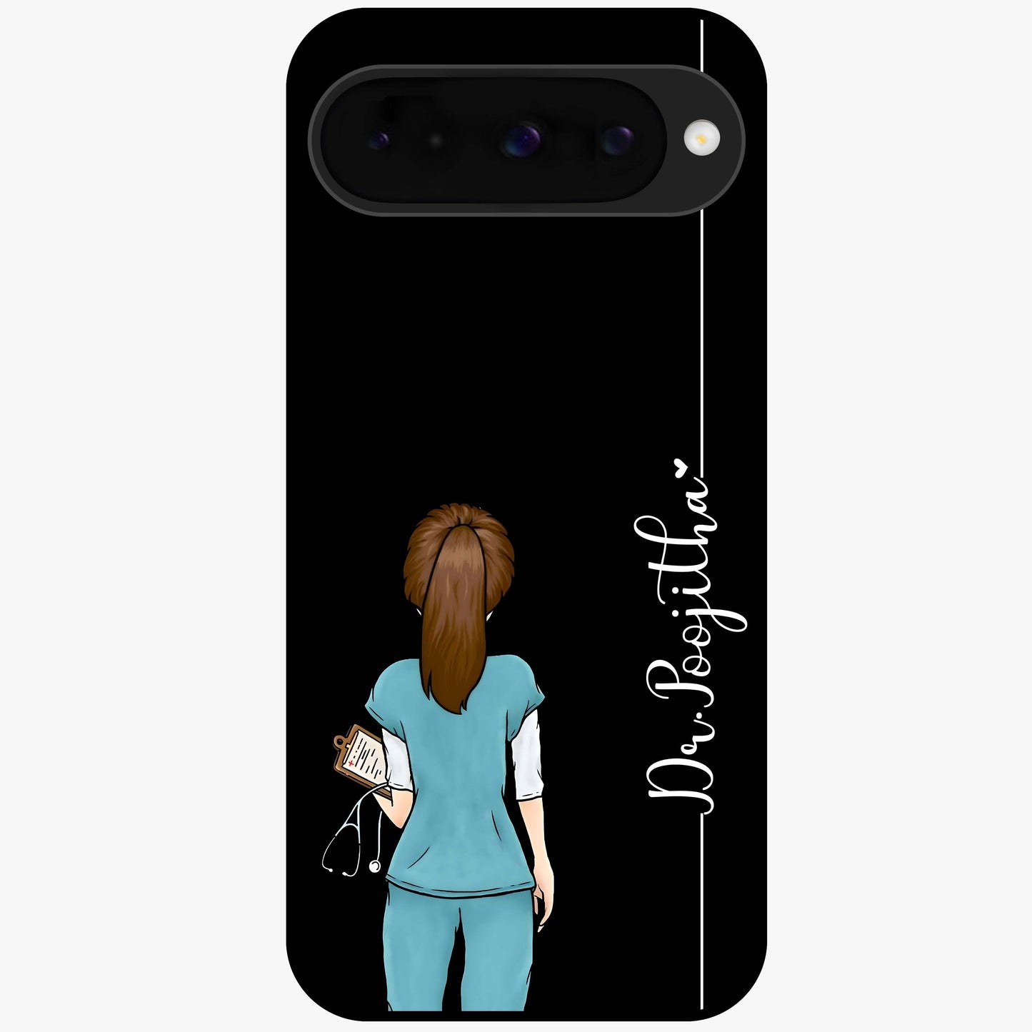 Doctor Pattern Custom Name Glass Case showing flat back view with medical themed pattern and personalized name design.