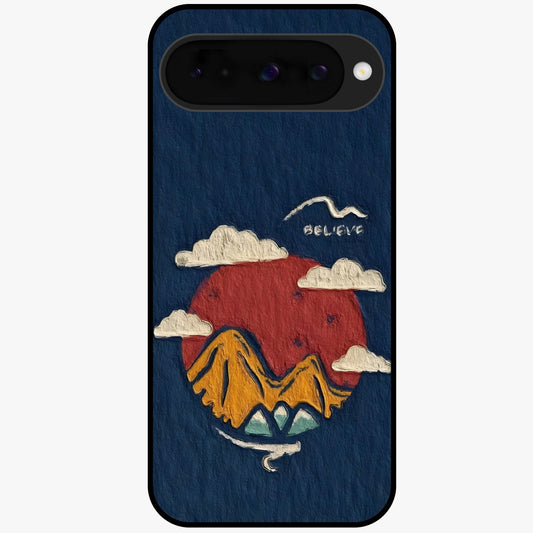 Dream Beyond Mountains Glass Case showing flat back view with scenic mountain landscape artwork and glossy glass finish.