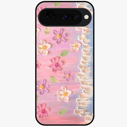 Dreamy Painted Garden Glass Case showing flat back view with artistic painted floral garden artwork and glossy glass finish.