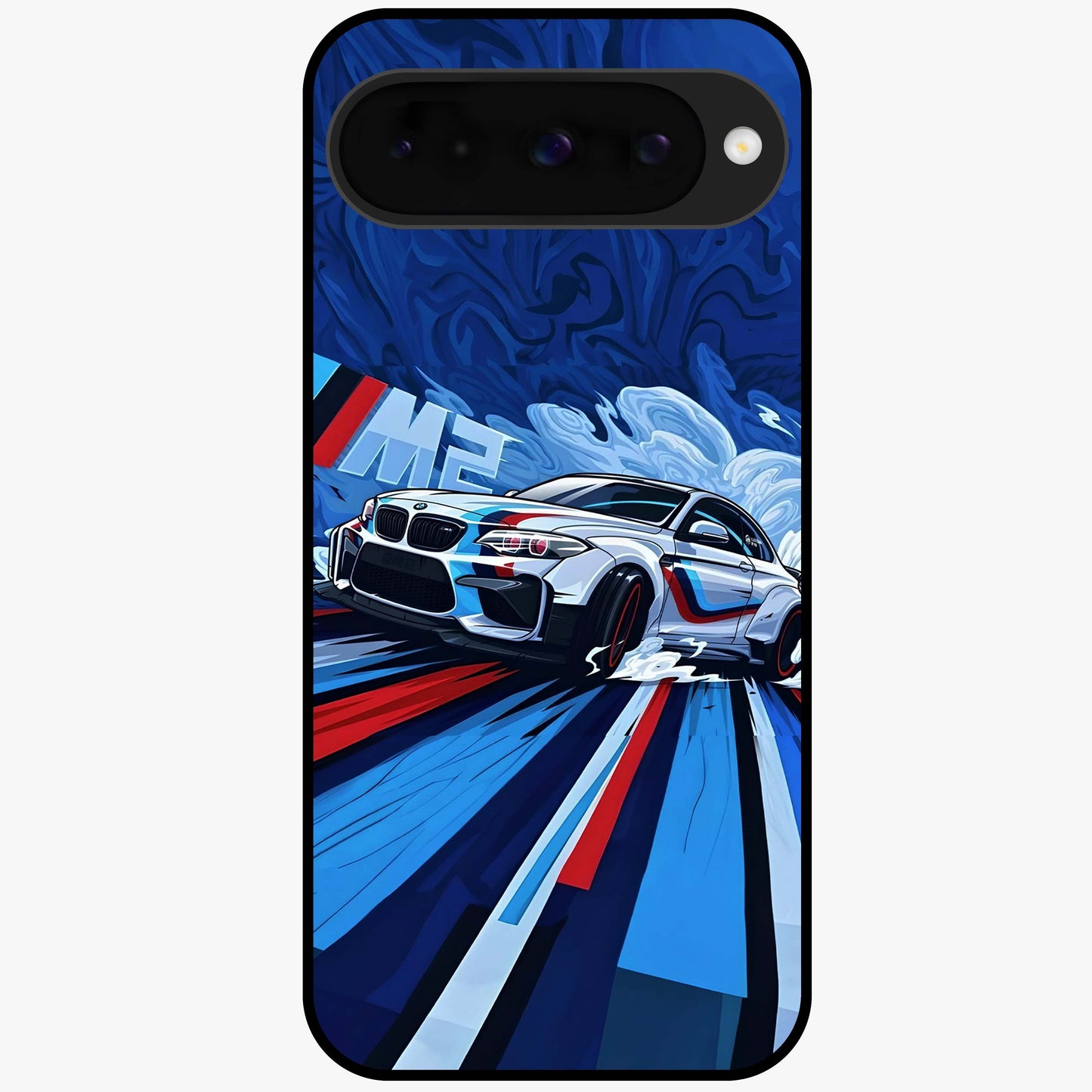 Drift Power Rush Glass Case showing flat back view with dynamic racing inspired artwork and glossy glass finish.