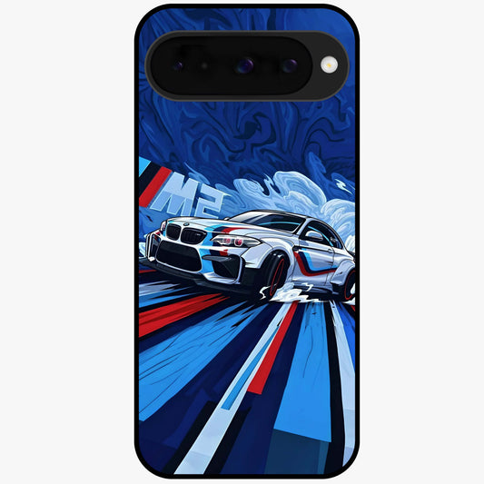 Drift Power Rush Glass Case showing flat back view with dynamic racing inspired artwork and glossy glass finish.