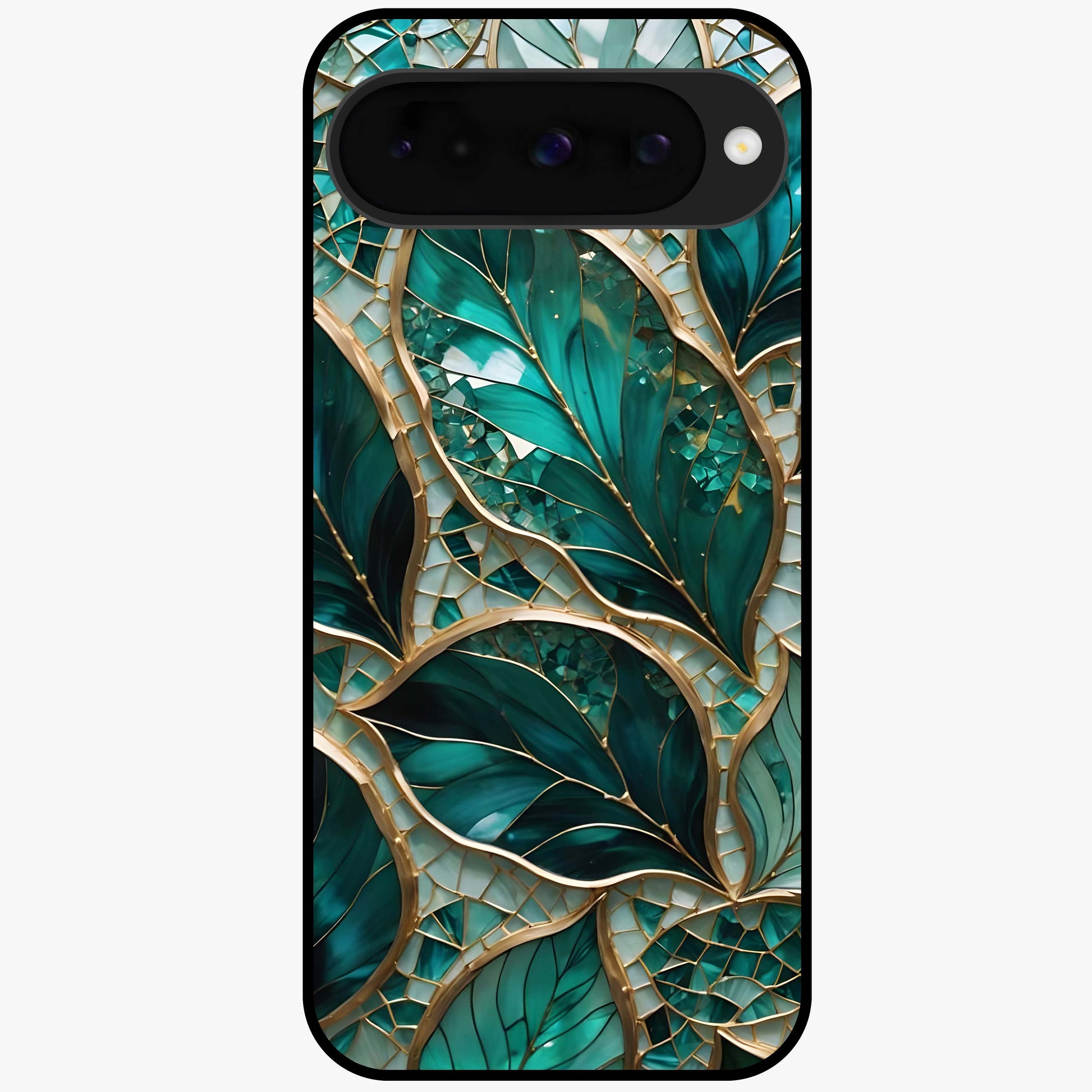 Emerald Leaf Glass Glass Case showing flat back view with emerald green leaf artwork and glossy glass finish.