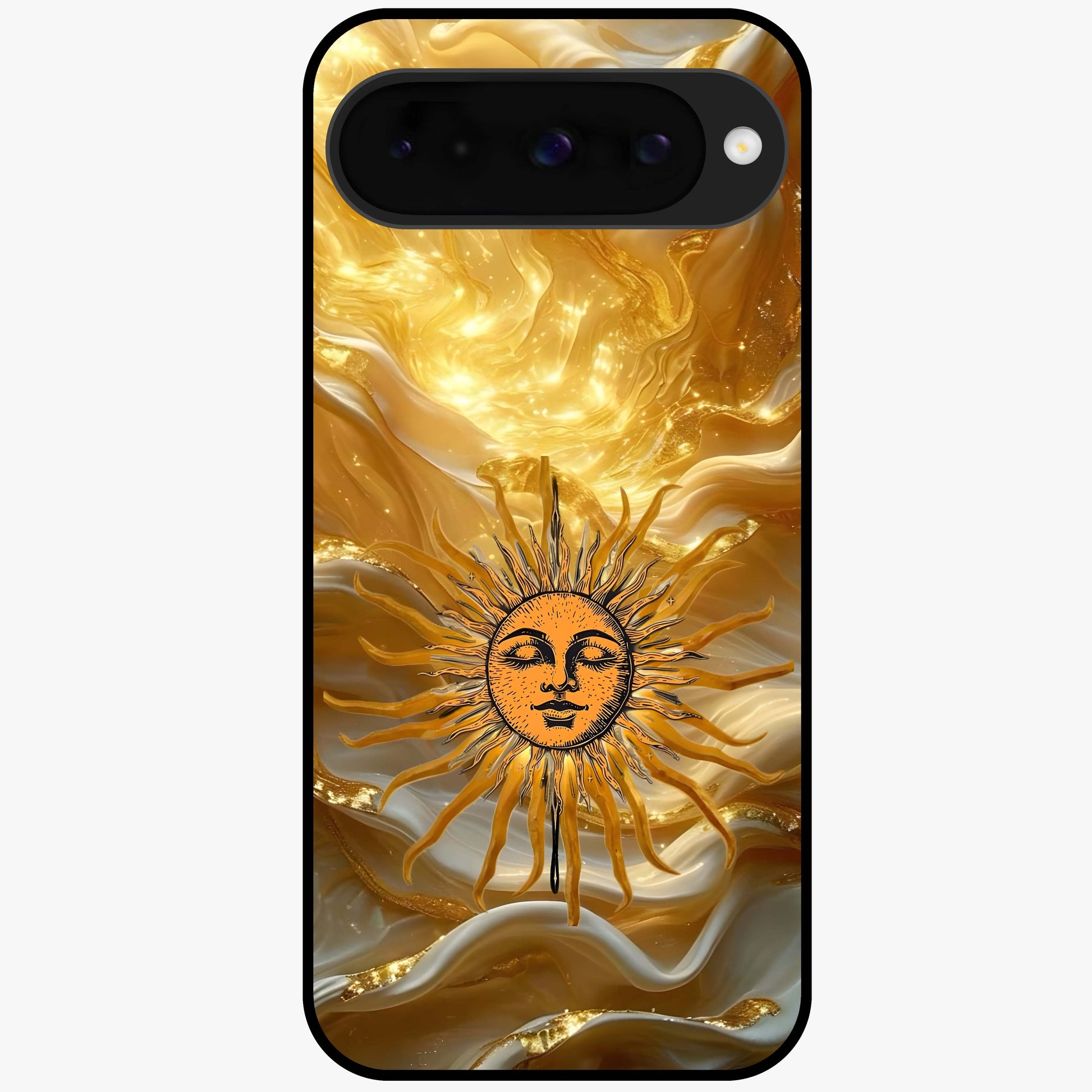 Eternal Golden Glow Glass Case showing flat back view with radiant golden themed artwork and glossy glass finish.