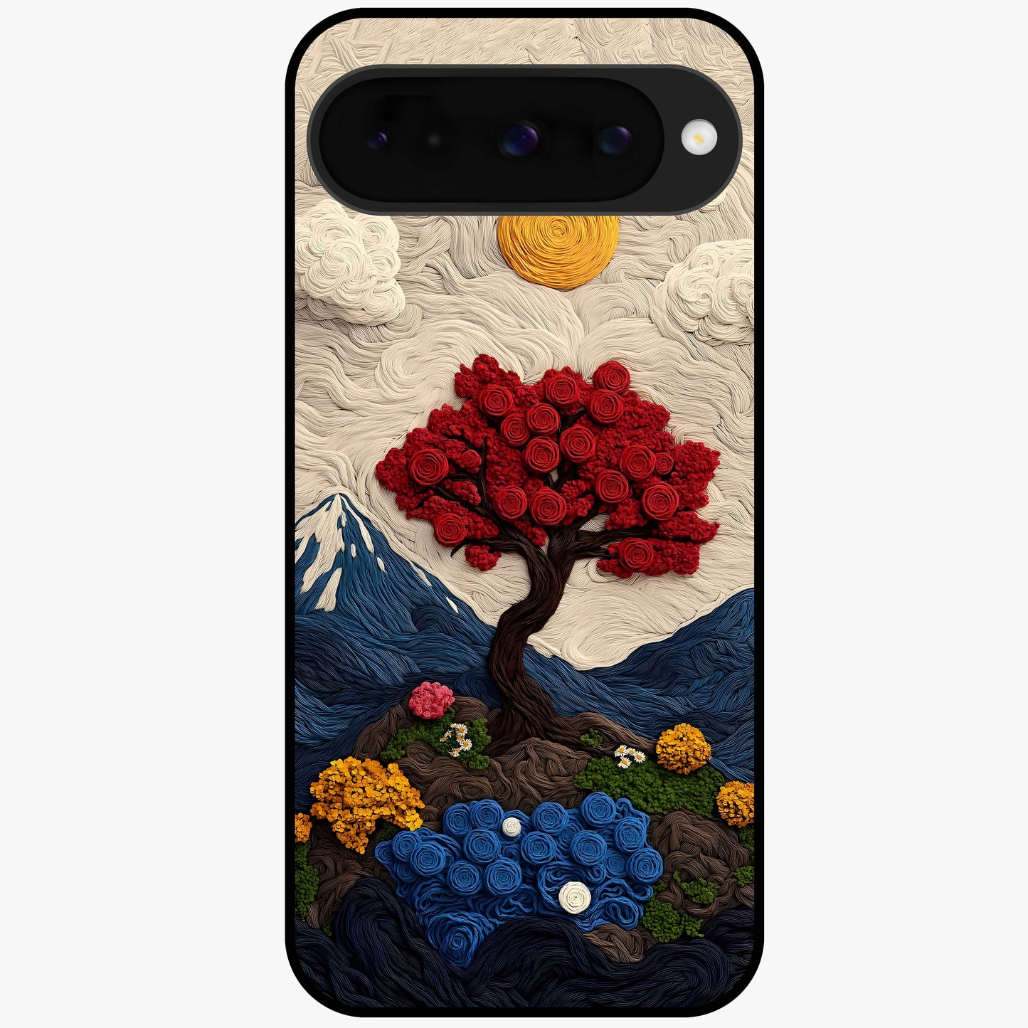 Eternal Nature Tapestry Glass Case showing flat back view with intricate nature tapestry artwork and glossy glass finish.