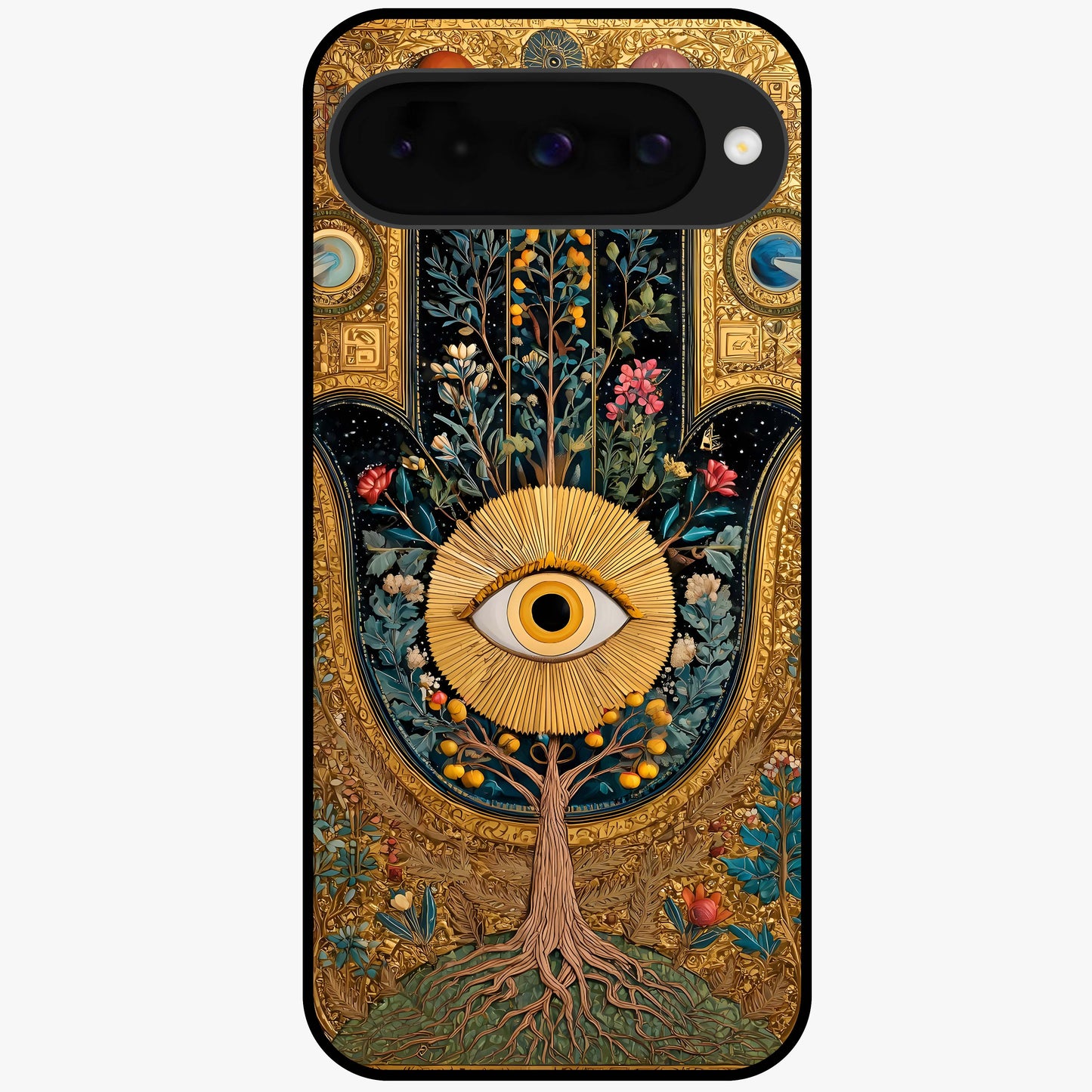 Ethereal Evil Eye Glass Case showing flat back view with mystical evil eye artwork and glossy glass finish.