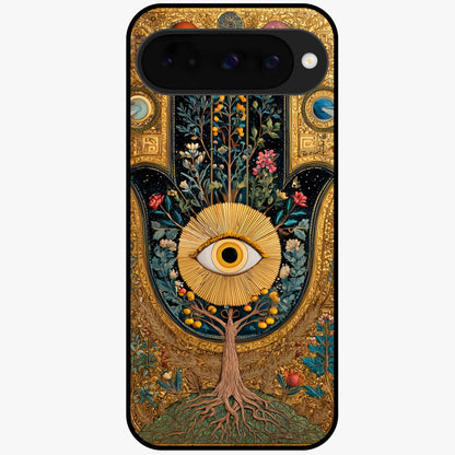 Ethereal Evil Eye Glass Case showing flat back view with mystical evil eye artwork and glossy glass finish.
