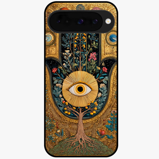 Ethereal Evil Eye Glass Case showing flat back view with mystical evil eye artwork and glossy glass finish.