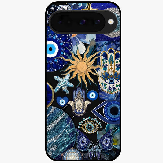Evil Eye Charm Mix Glass Case showing flat back view with multiple evil eye charms artwork and glossy glass finish.