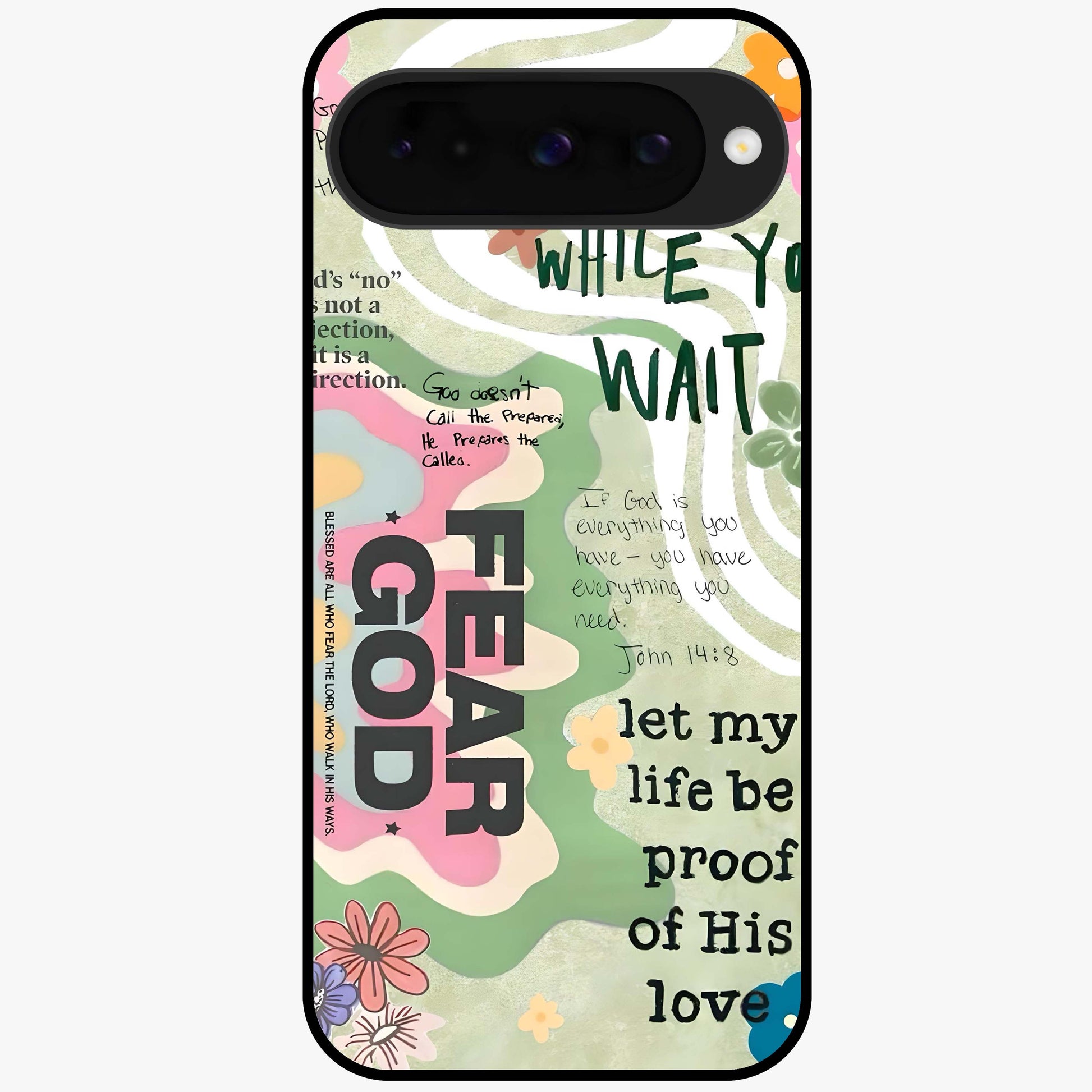 Faith Over Fear Glass Case showing flat back view with motivational typography artwork and glossy glass finish.