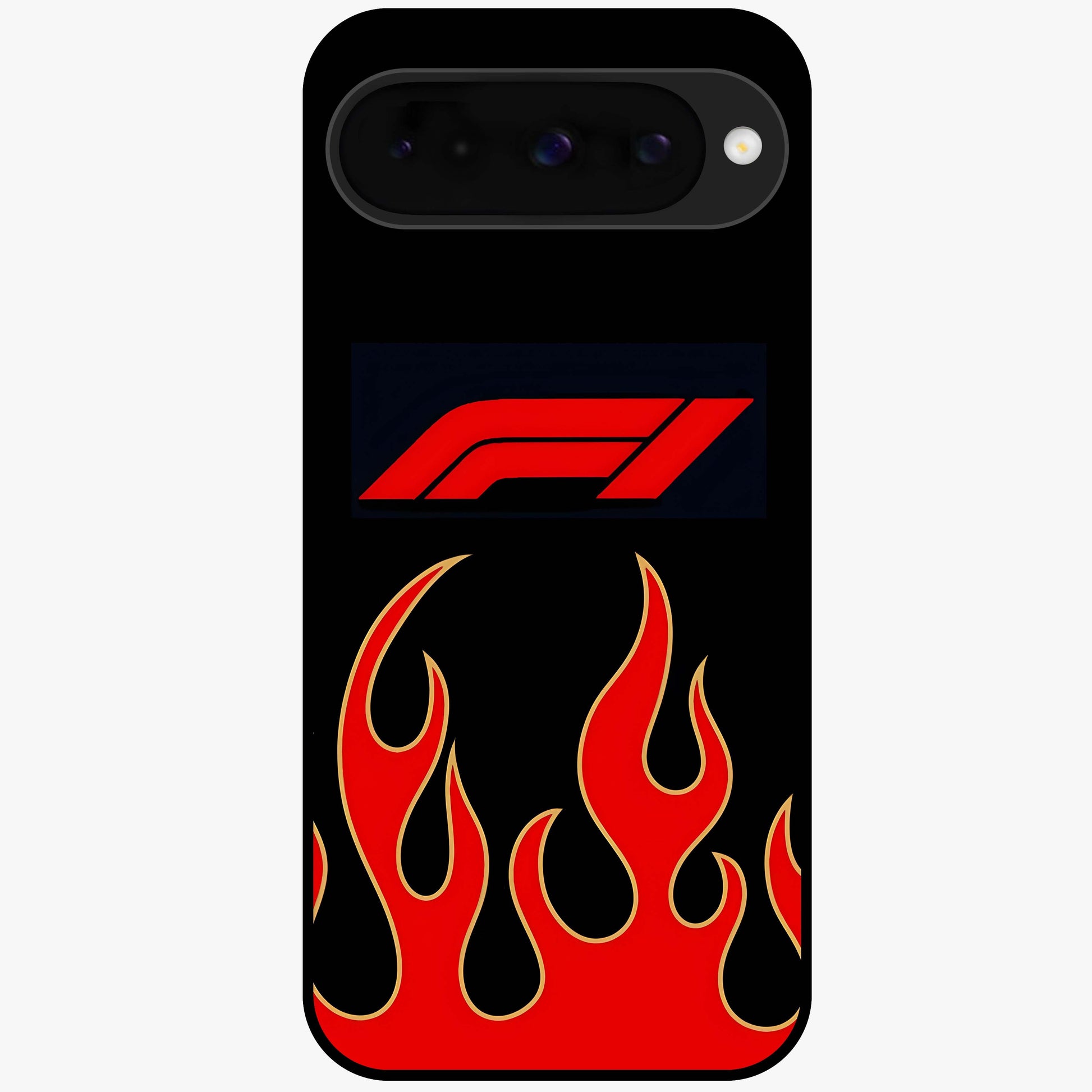 Fire F11 Glass Case showing flat back view with fiery themed artwork and glossy glass finish.