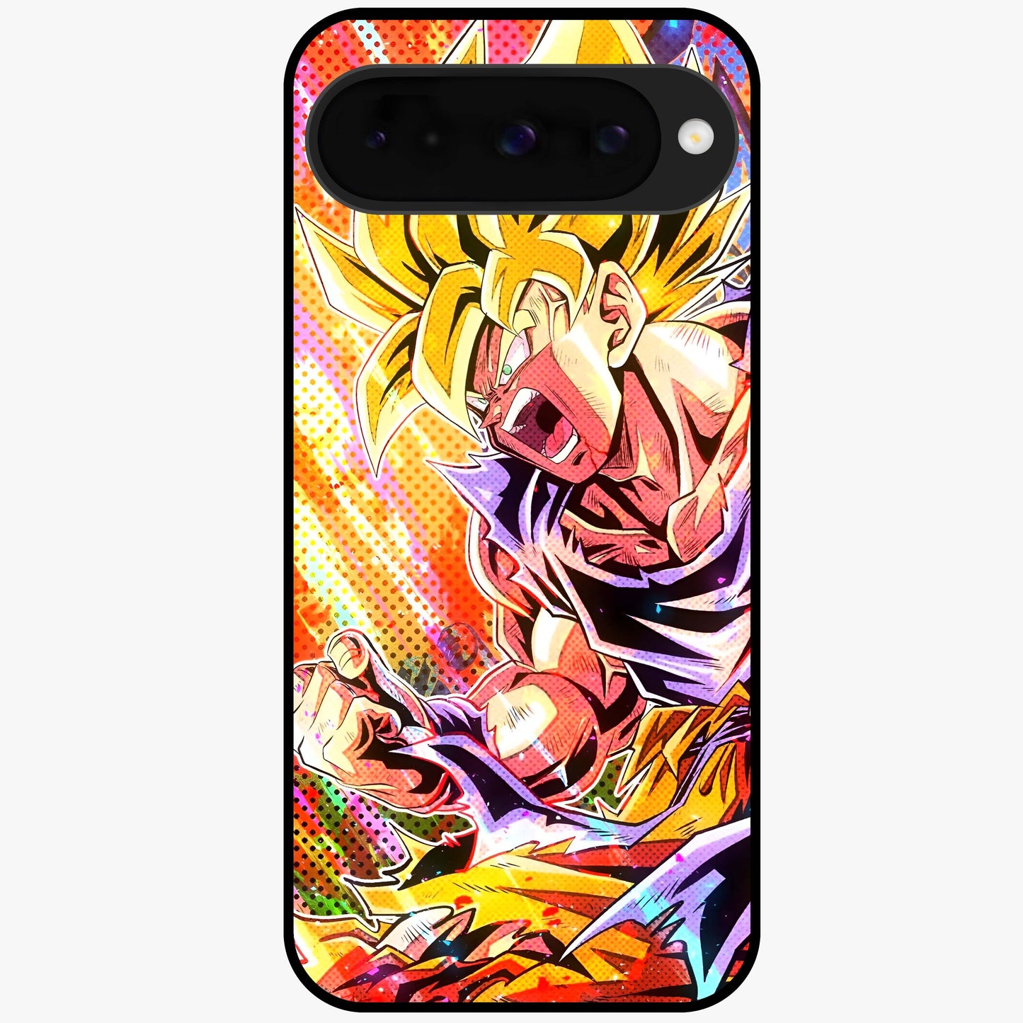 Firing Goku Glass Case showing flat back view with powerful anime inspired artwork and glossy glass finish.