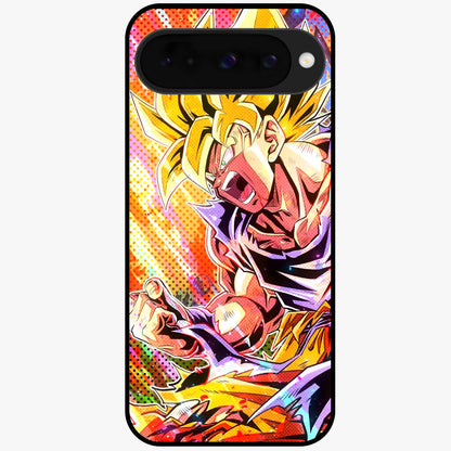 Firing Goku Glass Case showing flat back view with powerful anime inspired artwork and glossy glass finish.