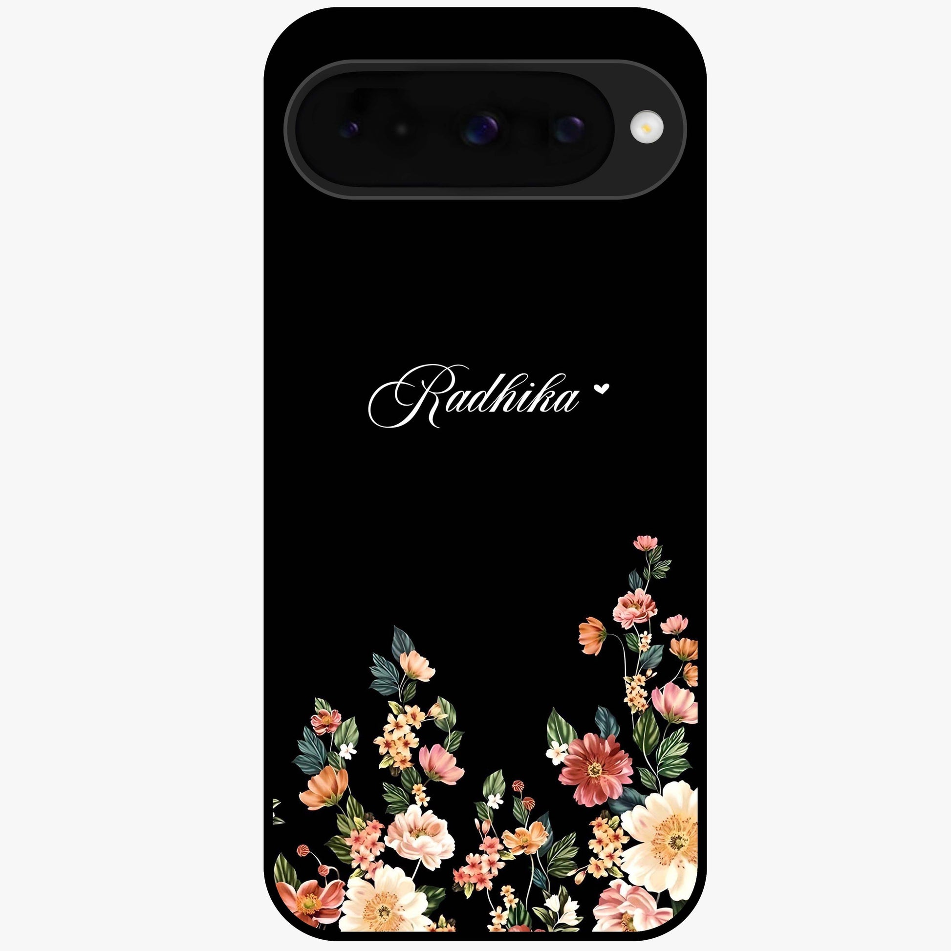 Floral Design With a Custom Personalized Name Glass Case showing flat back view with floral artwork and personalized name design.
