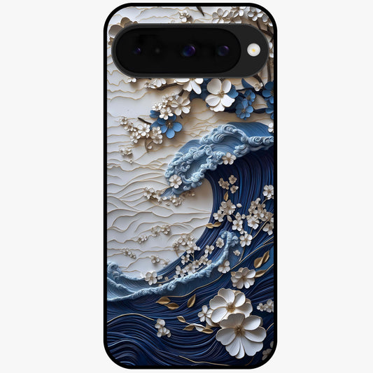 Floral Wave Origami Glass Case showing flat back view with origami inspired floral wave artwork and glossy glass finish.