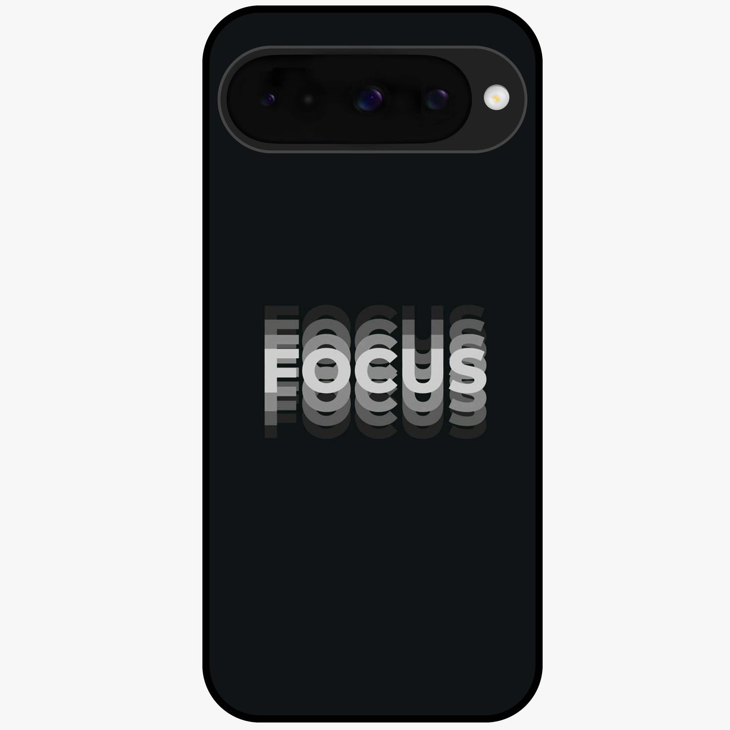 Focus Mode On Glass Case showing flat back view with bold motivational typography design and glossy glass finish.
