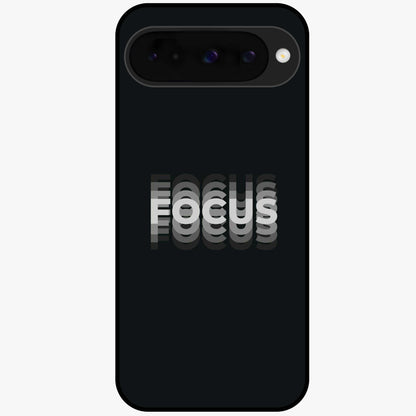 Focus Mode On Glass Case showing flat back view with bold motivational typography design and glossy glass finish.