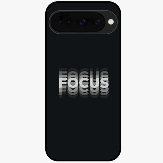 Focus Mode On Glass Case showing flat back view with bold motivational typography design and glossy glass finish.