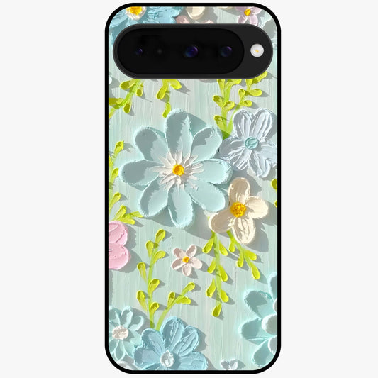 Frosted Petal Garden Glass Case showing flat back view with soft frosted floral artwork and glossy glass finish.