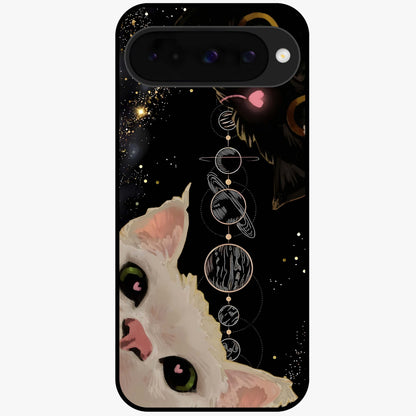 Galactic Cat Glass Case showing flat back view with cosmic cat artwork and glossy glass finish.