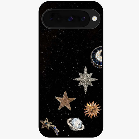 Galactic Charm Glow Glass Case showing flat back view with glowing celestial charm artwork and glossy glass finish.