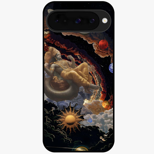 Galactic Divine God Glass Case showing flat back view with divine cosmic themed artwork and glossy glass finish.