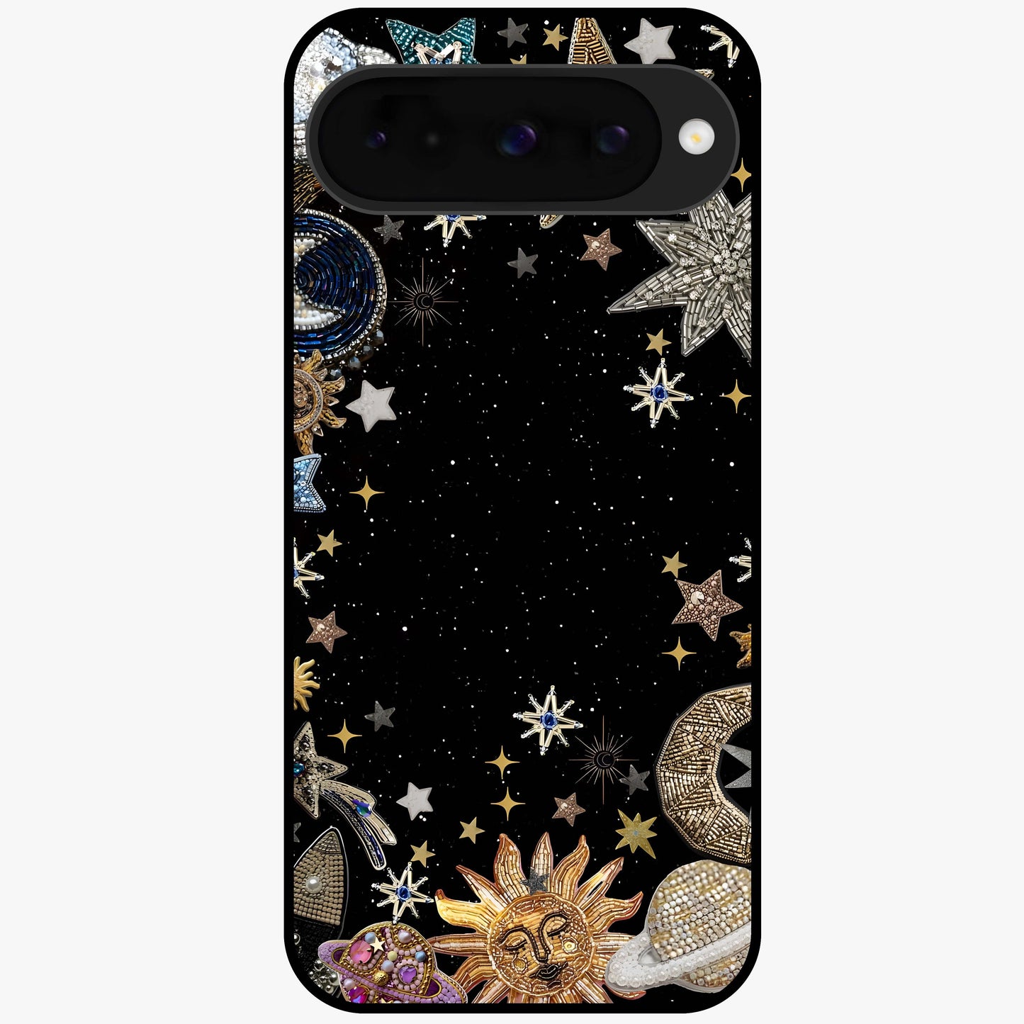 Galactic Jewel Stars Glass Case showing flat back view with sparkling star jewel artwork and glossy glass finish.