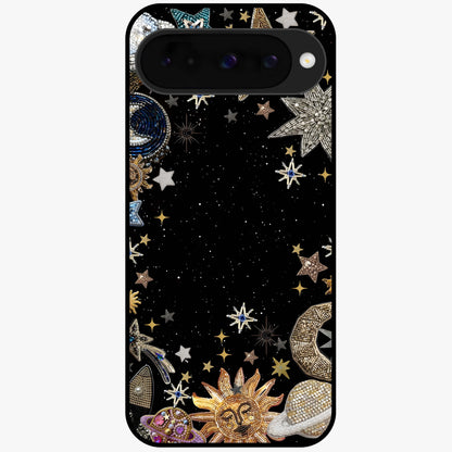 Galactic Jewel Stars Glass Case showing flat back view with sparkling star jewel artwork and glossy glass finish.