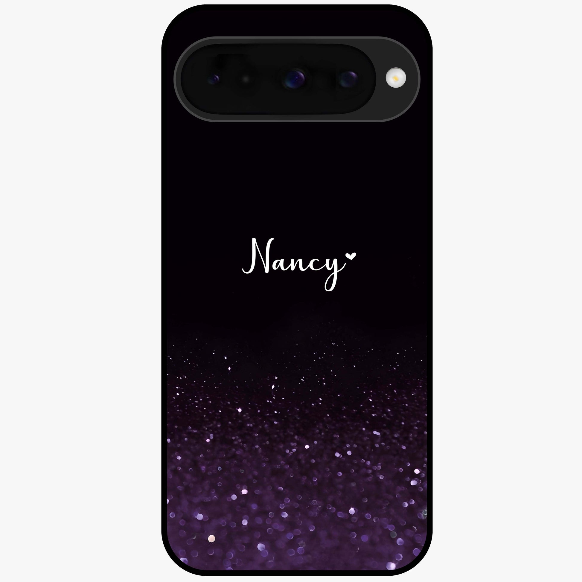 Glittery Purple Bokeh Custom Name Glass Case showing flat back view with purple bokeh sparkle artwork and personalized name design.