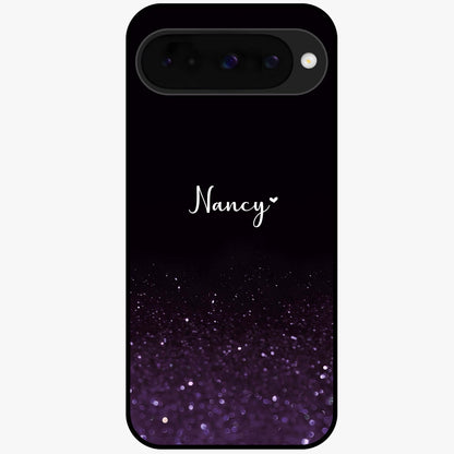 Glittery Purple Bokeh Custom Name Glass Case showing flat back view with purple bokeh sparkle artwork and personalized name design.