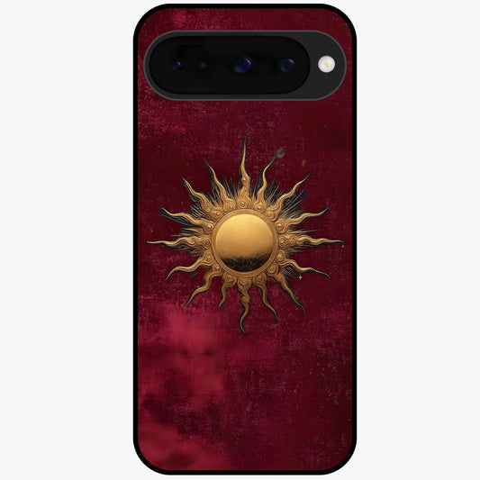 Gold Sun Blush Glass Case showing flat back view with golden sun inspired artwork and glossy glass finish.