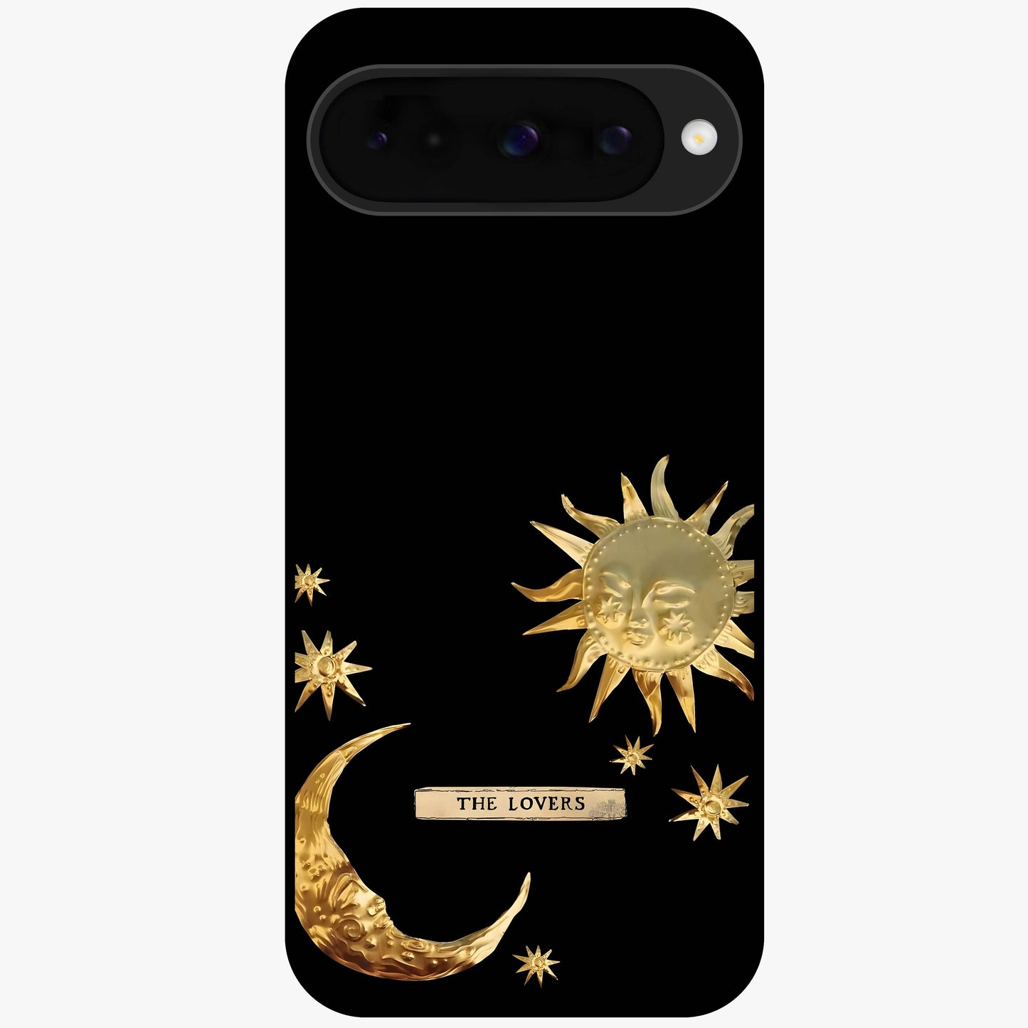 Golden Celestial Charm Glass Case showing flat back view with golden celestial charm artwork and glossy glass finish.