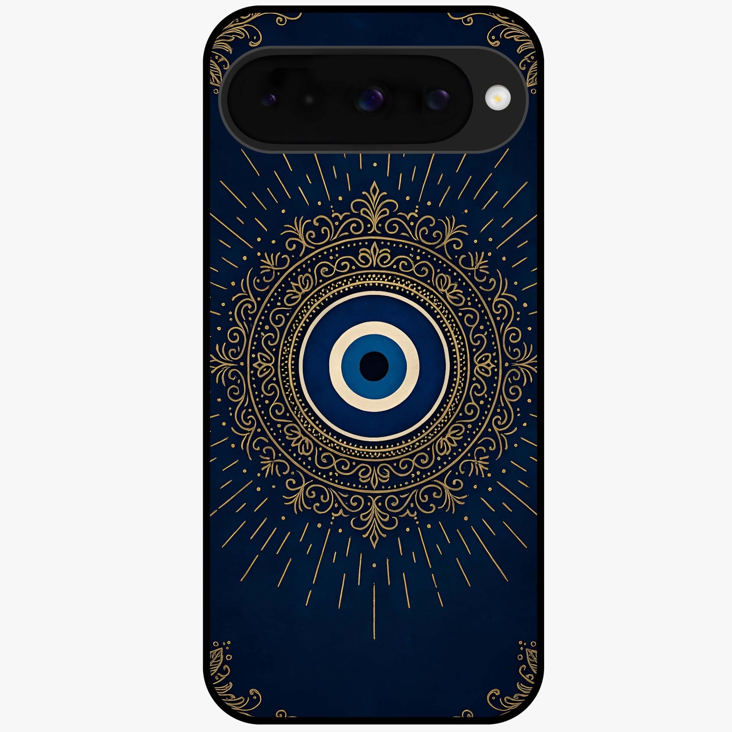 Golden Evil Eye Mandala Glass Case showing flat back view with intricate evil eye mandala artwork and glossy glass finish.