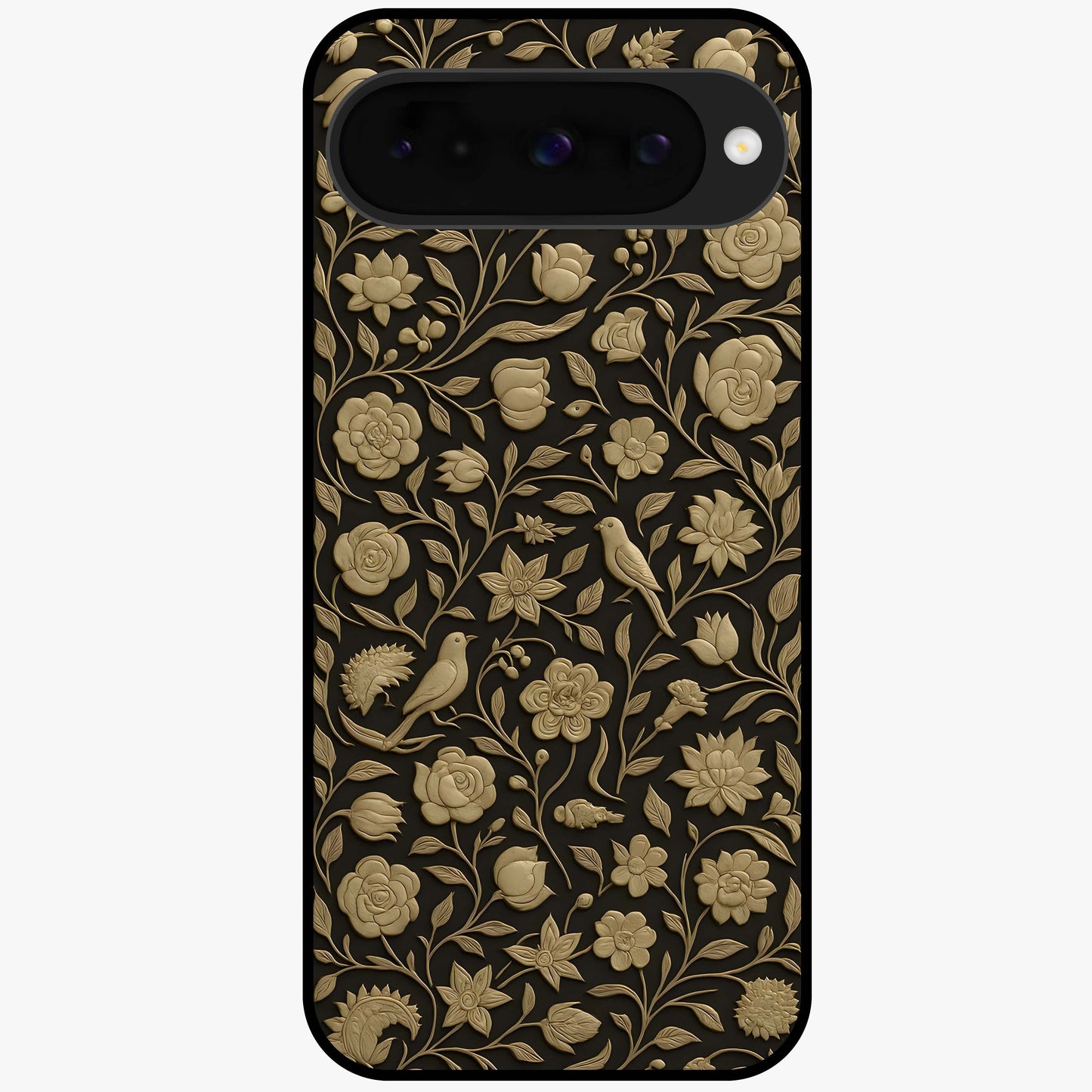 Golden Floral Majesty Glass Case showing flat back view with luxurious golden floral artwork and glossy glass finish.