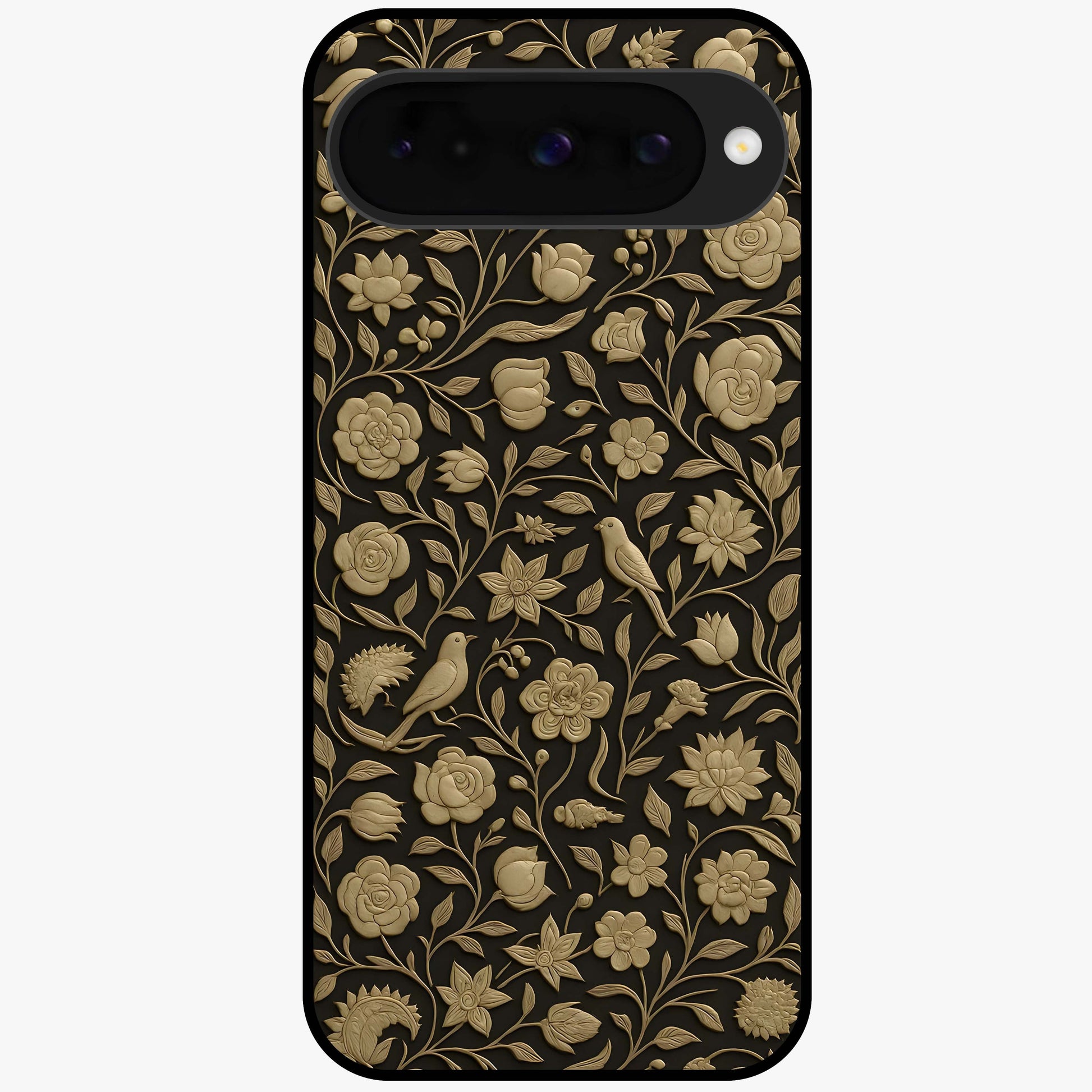 Golden Floral Majesty Glass Case showing flat back view with luxurious golden floral artwork and glossy glass finish.