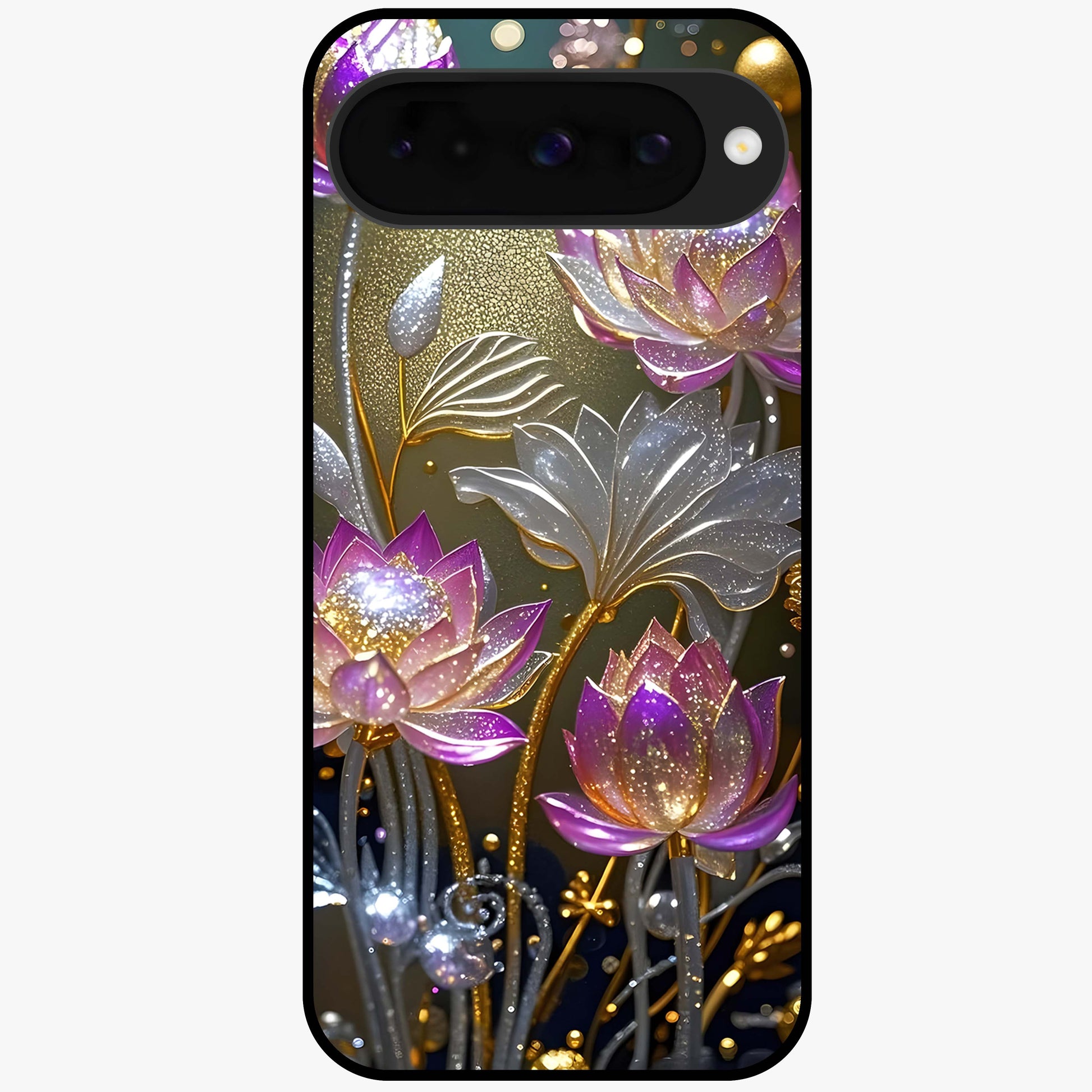 Golden Lotus Glow Glass Case showing flat back view with glowing lotus flower artwork and glossy glass finish.