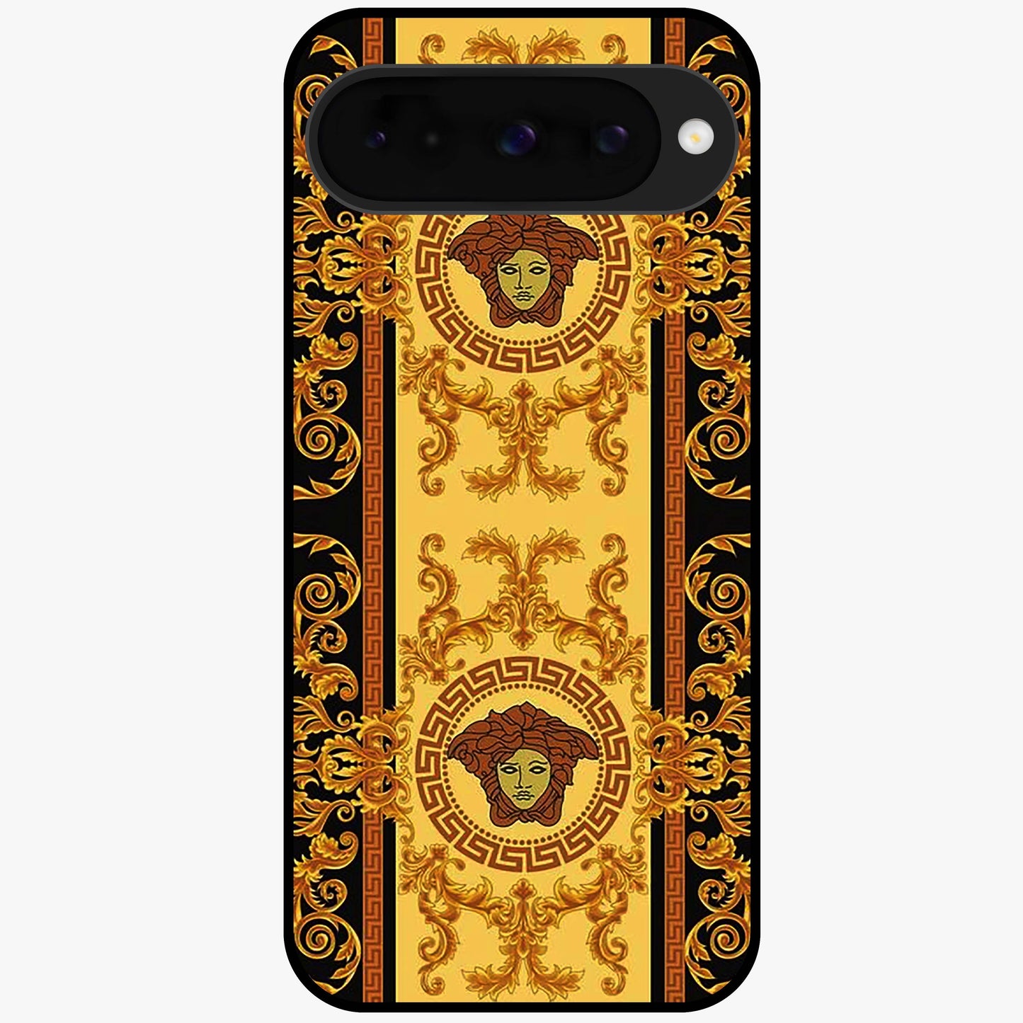 Golden Royal Heritage Glass Case showing flat back view with ornate royal pattern artwork and glossy glass finish.