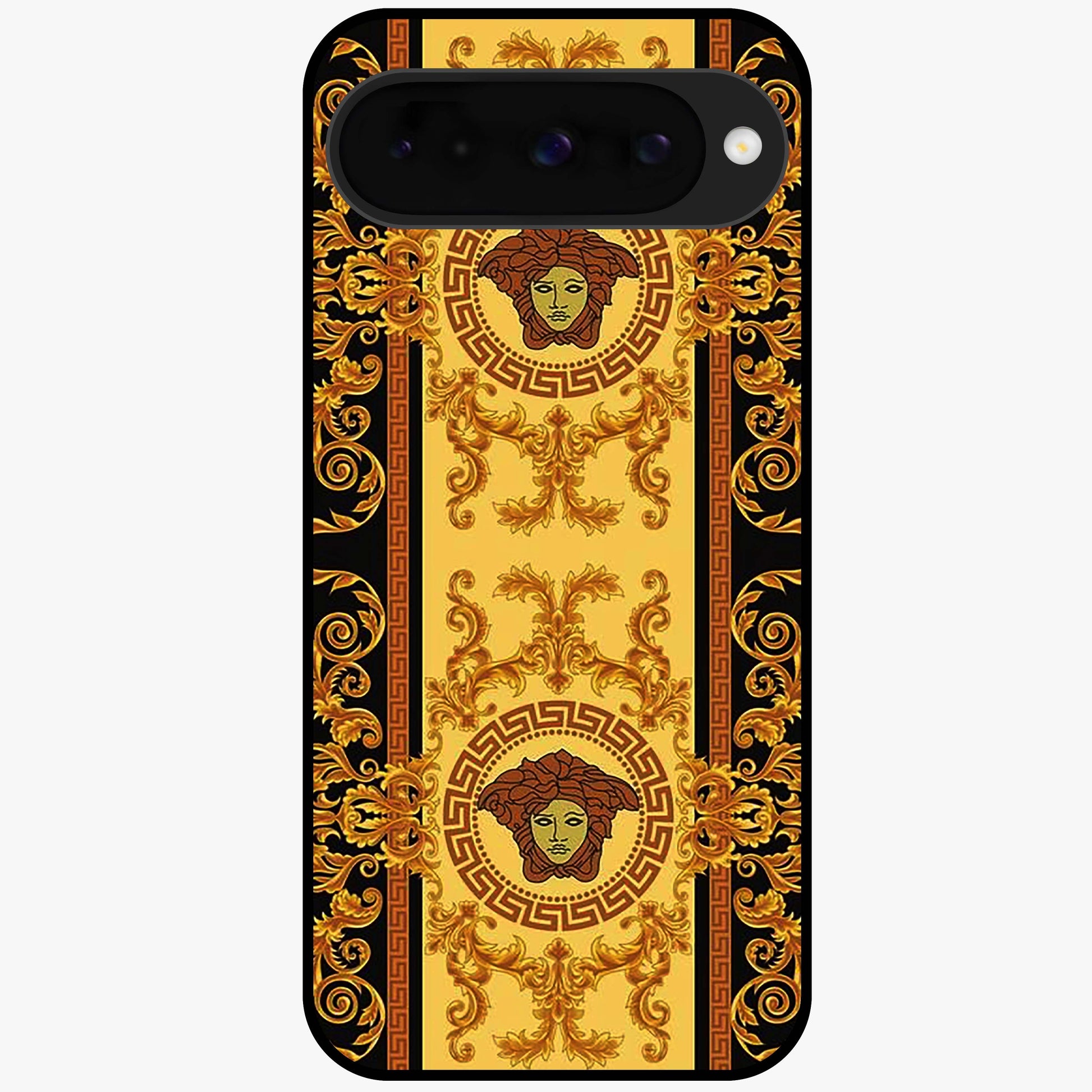 Golden Royal Heritage Glass Case showing flat back view with ornate royal pattern artwork and glossy glass finish.