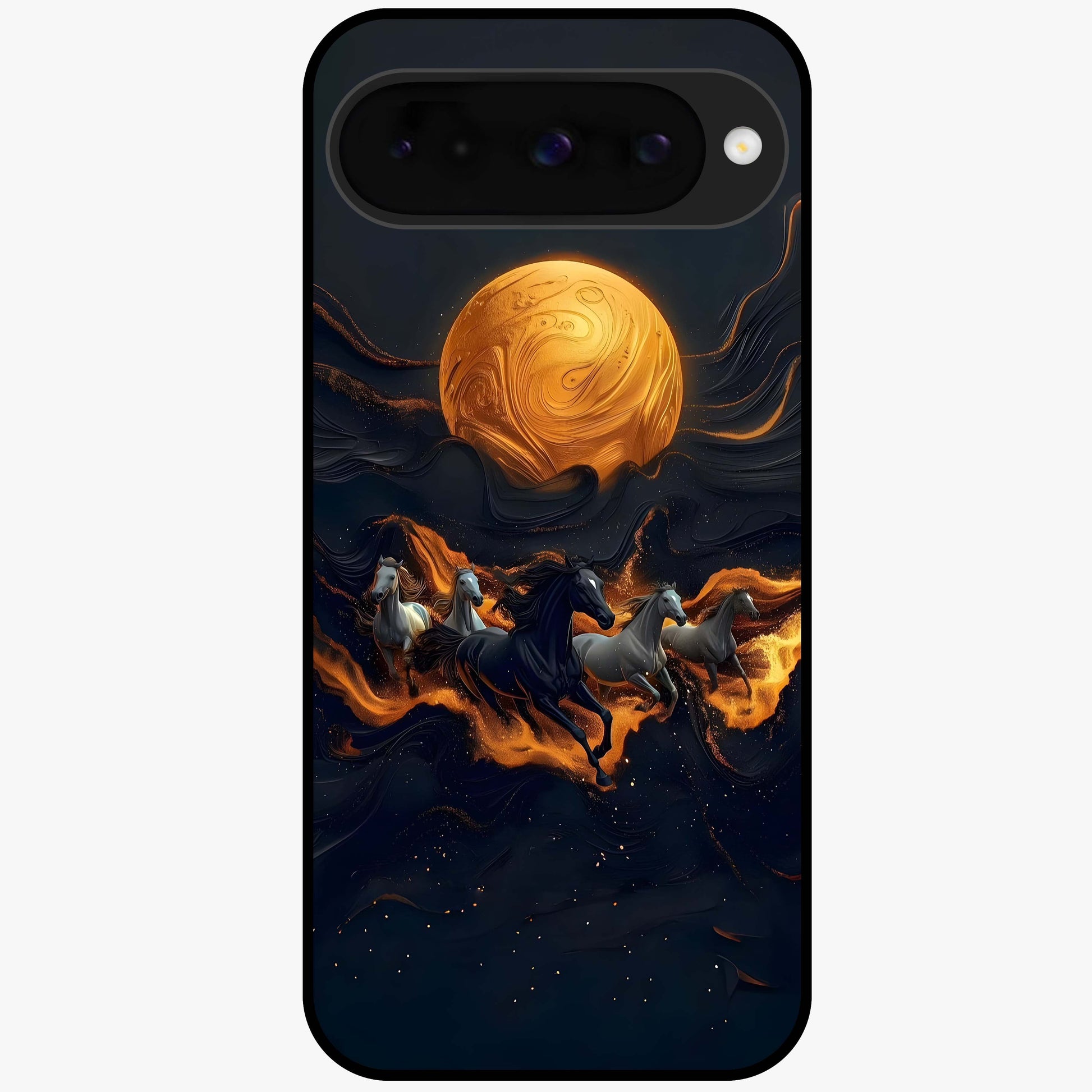 Golden Stallion Moonride Glass Case showing flat back view with majestic horse under moonlight artwork and glossy glass finish.