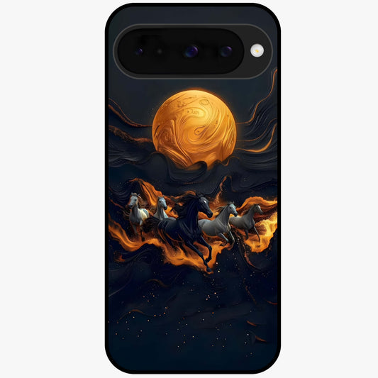 Golden Stallion Moonride Glass Case showing flat back view with majestic horse under moonlight artwork and glossy glass finish.