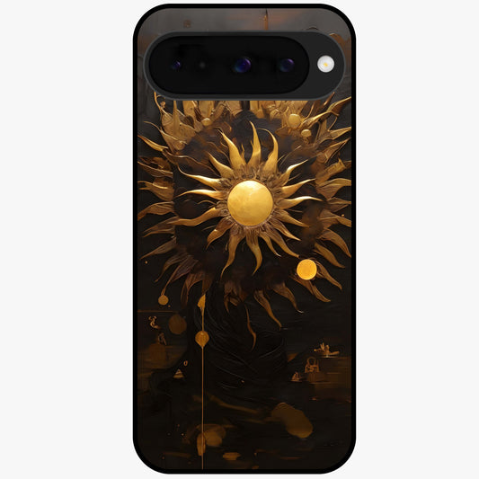Golden Sun Majesty Glass Case showing flat back view with radiant golden sun artwork and glossy glass finish.