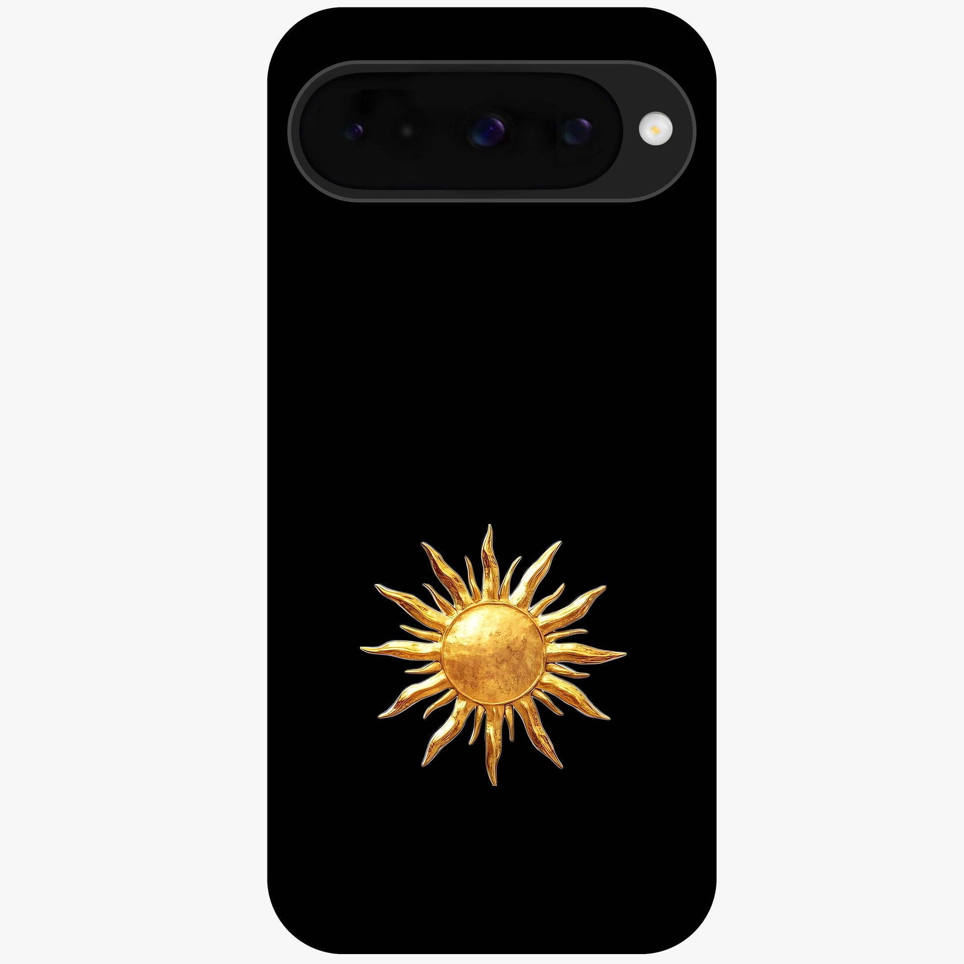 Golden Sun Minimalism Glass Case showing flat back view with minimal golden sun artwork and glossy glass finish.