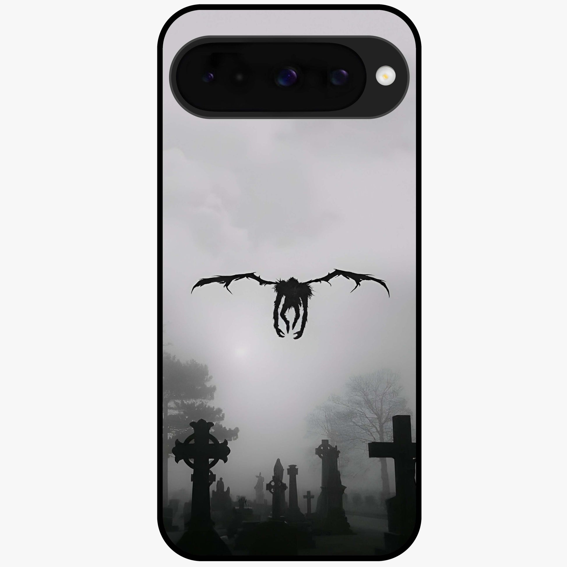 Graveyard Shadow Descent Glass Case showing flat back view with dark graveyard themed artwork and glossy glass finish.