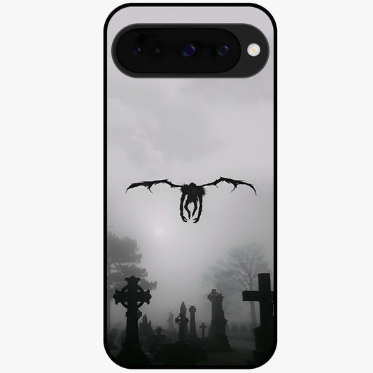 Graveyard Shadow Descent Glass Case showing flat back view with dark graveyard themed artwork and glossy glass finish.