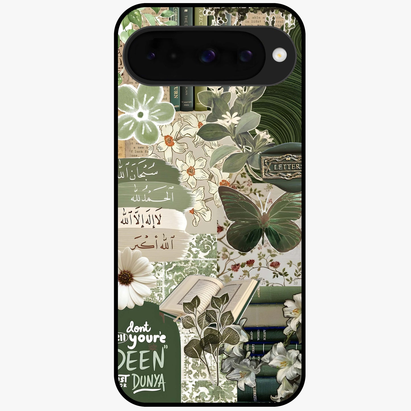 Green Islamic Books Quotes Glass Case showing flat back view with Islamic quotes and book themed artwork and glossy glass finish.