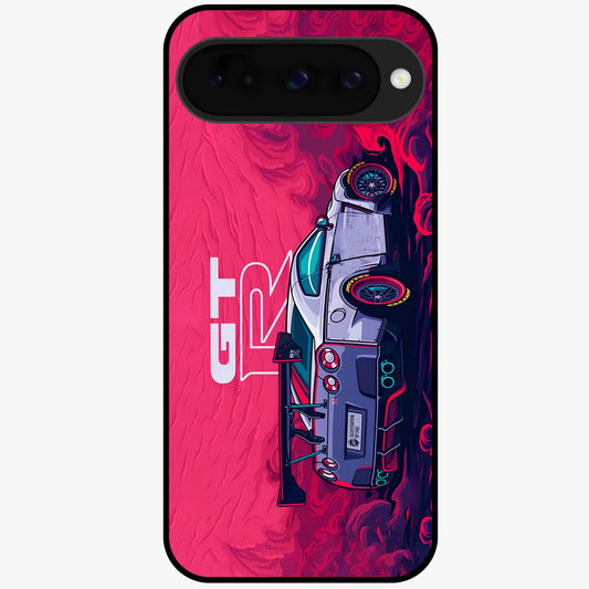 GT-R Car Pattern Glass Case showing flat back view with sporty car inspired pattern artwork and glossy glass finish.