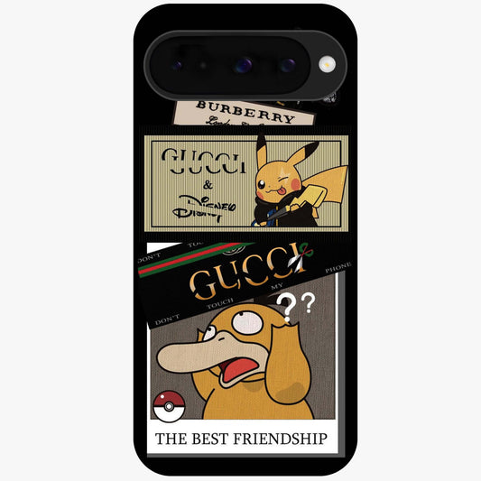 Gucci Play Mashup Glass Case showing flat back view with luxury inspired graphic artwork and glossy glass finish.