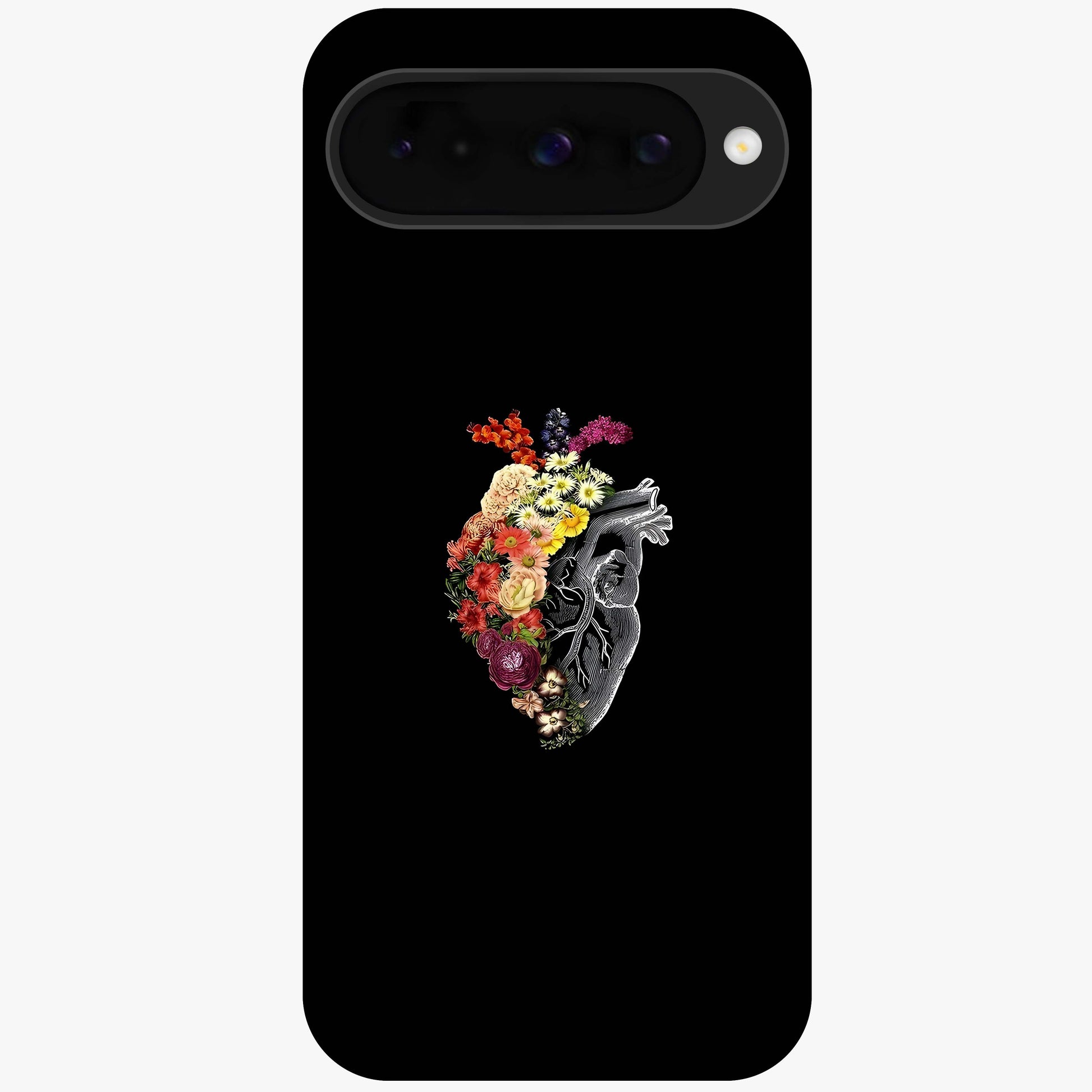 Heart With Flowers Glass Case showing flat back view with heart shaped floral artwork and glossy glass finish.