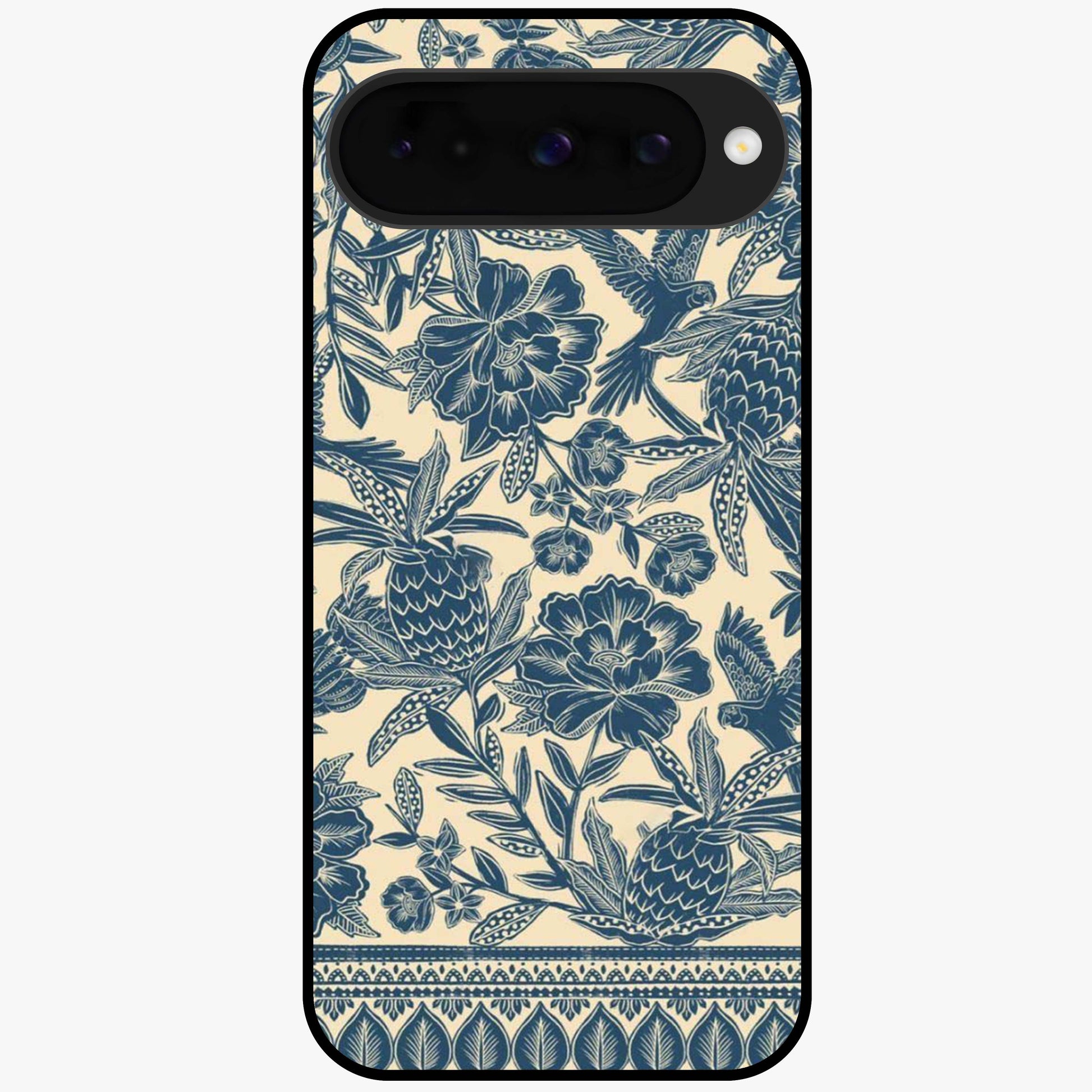 Heirloom Wild Bloom Glass Case showing flat back view with vintage inspired wild flower artwork and glossy glass finish.