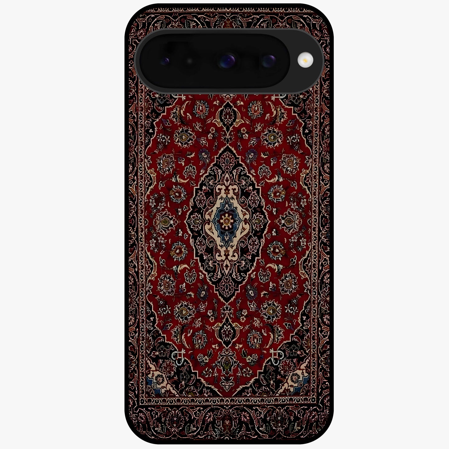 Heritage Carpet Royale Glass Case showing flat back view with ornate Persian carpet inspired pattern and glossy glass finish.