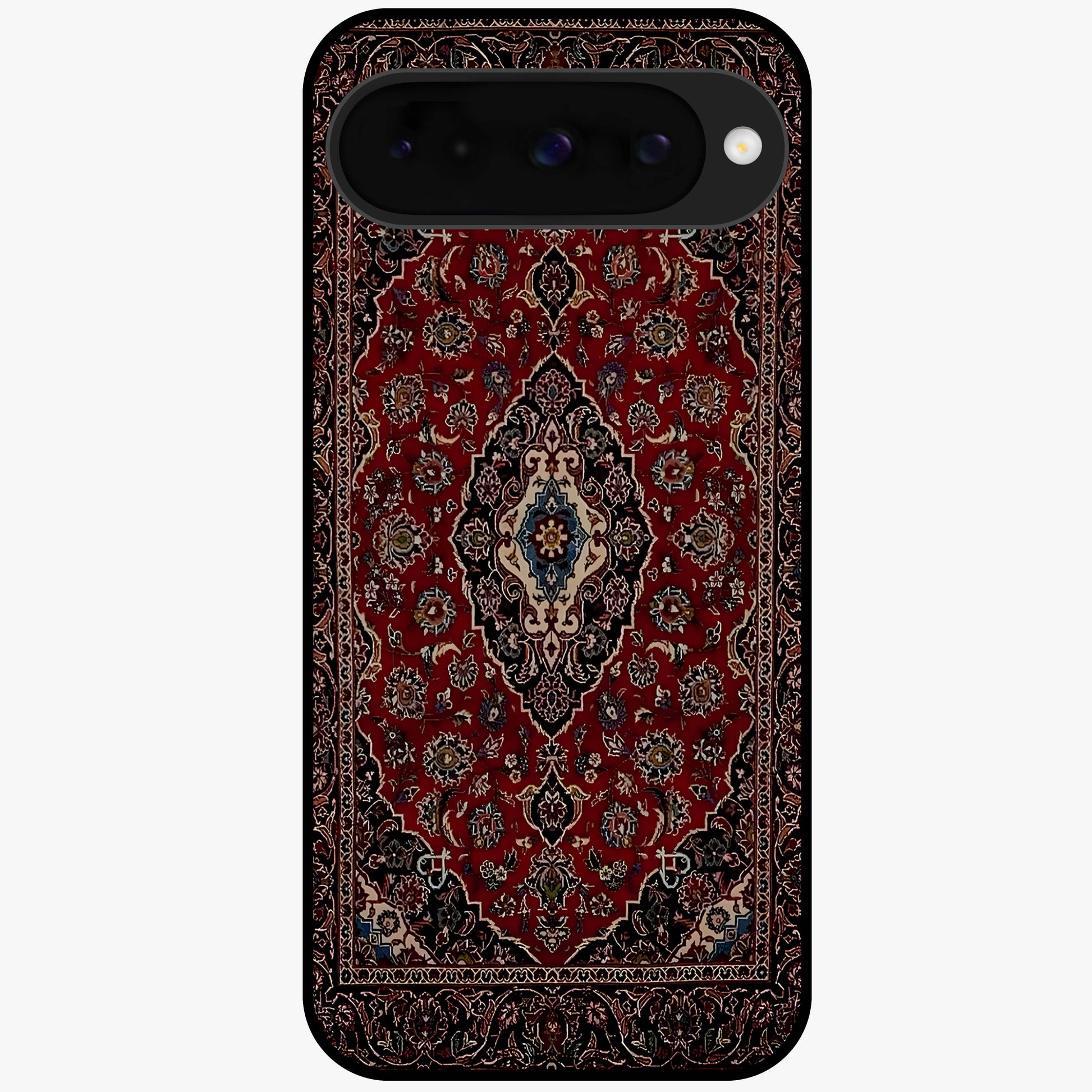 Heritage Carpet Royale Glass Case showing flat back view with ornate Persian carpet inspired pattern and glossy glass finish.